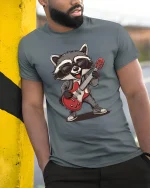 Cool Rock Raccoon Guitar Graphic T Shirt With Funny Music Vibes - model wearing grey tee, leaning on column