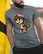 Cute Dino Backpack Cartoon Graphic Tee With Playful Street Style - model wearing grey tee, leaning on column