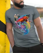 Colorful Rainbow Fish Splash Graphic Tee With Artistic Flow Style - model wearing grey tee, leaning on column