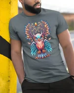 Mystic Colorful Owl Tree Of Life Art Graphic Tee Design - model wearing grey tee, leaning on column