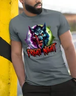 Fright Night Werewolf Graphic T Shirt With Dark Horror Style - model wearing grey tee, leaning on column