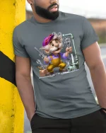 Funny Cartoon Plumber Graphic T Shirt With Handy Repair Vibes - model wearing grey tee, leaning on column