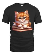 Cute Smart Cat Reading Books Graphic Tee Tshirt Art Design - black t-shirt on white background