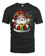 Cute Santa Holding Gift Festive Christmas Graphic Tee Tshirt - black t-shirt on white background