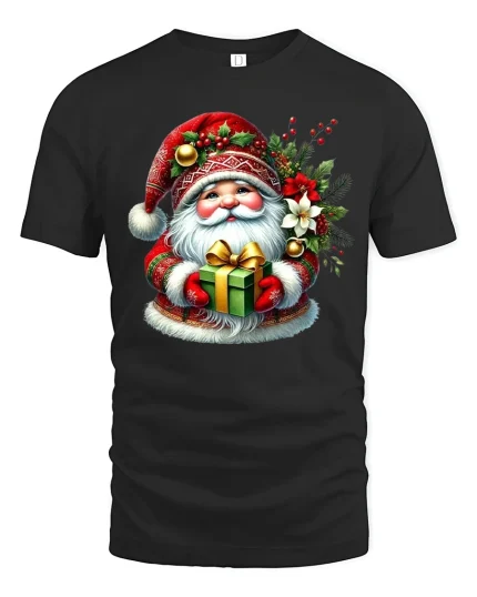Cute Santa Holding Gift Festive Christmas Graphic Tee Tshirt - black t-shirt on white background