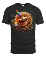 Funny Party Lion On Roller Skates Birthday Graphic Tee Tshirt - black t-shirt on white background