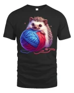 Cute Hedgehog Holding Yarn Cozy Craft Graphic Tee Tshirt - black t-shirt on white background