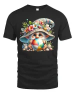 Cute Beach Gnome Holding Colorful Ball Summer Graphic Tee Tshirt - black t-shirt on white background