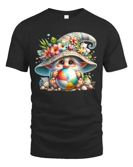 Cute Beach Gnome Holding Colorful Ball Summer Graphic Tee Tshirt - black t-shirt on white background