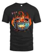 Angry Fire Cauldron Cartoon Fantasy Graphic Tee Tshirt - black t-shirt on white background