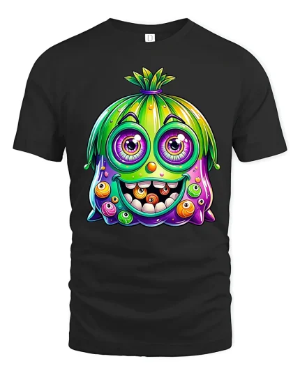 Funny Cute Colorful Monster Face Cartoon Graphic Tee Tshirt - black t-shirt on white background