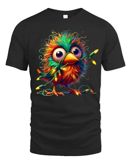 Funny Colorful Bird Tangled In Christmas Lights Graphic Tee Tshirt - black t-shirt on white background