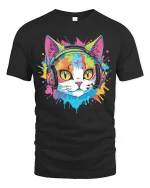 Colorful DJ Cat Wearing Headphones Pop Art Graphic Tee Tshirt - black t-shirt on white background