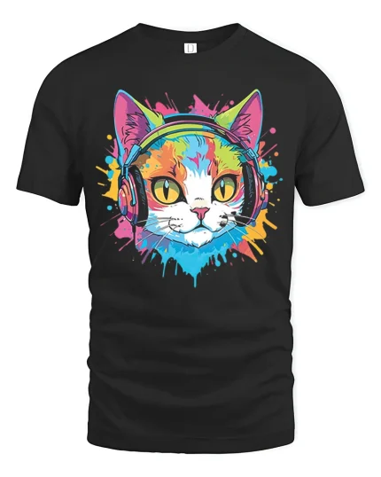 Colorful DJ Cat Wearing Headphones Pop Art Graphic Tee Tshirt - black t-shirt on white background