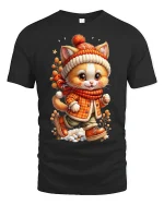 Cute Cozy Winter Cat Walking In Outfit Graphic Tee Tshirt - black t-shirt on white background