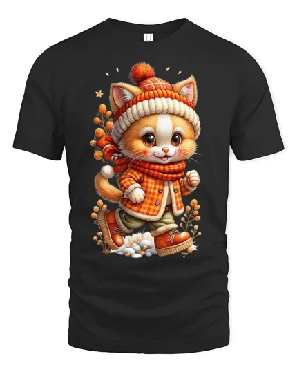 Cute Cozy Winter Cat Walking In Outfit Graphic Tee Tshirt - black t-shirt on white background