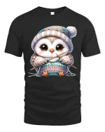 Cute Knitting Owl Wearing Winter Hat Cozy Graphic Tee Tshirt - black t-shirt on white background