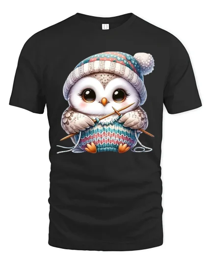 Cute Knitting Owl Wearing Winter Hat Cozy Graphic Tee Tshirt - black t-shirt on white background