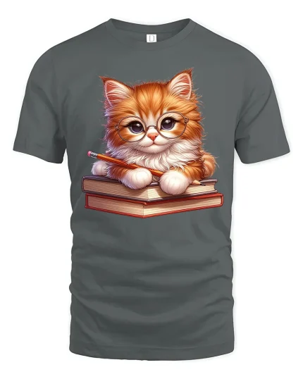 Cute Smart Cat Reading Books Graphic Tee Tshirt Art Design - gray t-shirt on white background