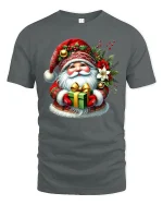 Cute Santa Holding Gift Festive Christmas Graphic Tee Tshirt - gray t-shirt on white background