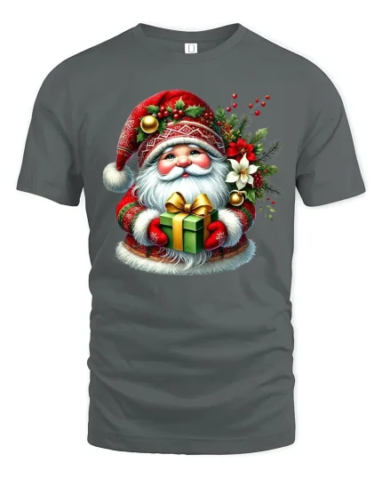 Cute Santa Holding Gift Festive Christmas Graphic Tee Tshirt - gray t-shirt on white background