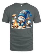 Cute Campfire Gnome Playing Ukulele Cozy Graphic Tee Tshirt - gray t-shirt on white background