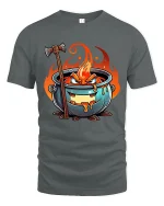 Angry Fire Cauldron Cartoon Fantasy Graphic Tee Tshirt - gray t-shirt on white background