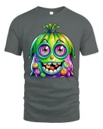 Funny Cute Colorful Monster Face Cartoon Graphic Tee Tshirt - gray t-shirt on white background