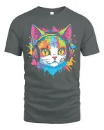 Colorful DJ Cat Wearing Headphones Pop Art Graphic Tee Tshirt - gray t-shirt on white background