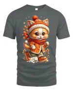 Cute Cozy Winter Cat Walking In Outfit Graphic Tee Tshirt - gray t-shirt on white background