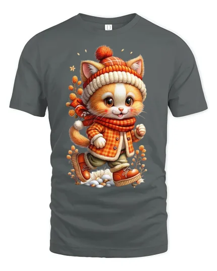 Cute Cozy Winter Cat Walking In Outfit Graphic Tee Tshirt - gray t-shirt on white background