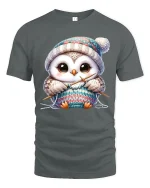 Cute Knitting Owl Wearing Winter Hat Cozy Graphic Tee Tshirt - gray t-shirt on white background