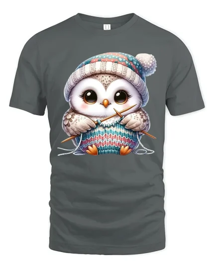 Cute Knitting Owl Wearing Winter Hat Cozy Graphic Tee Tshirt - gray t-shirt on white background