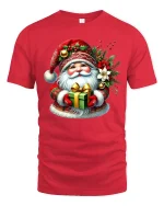Cute Santa Holding Gift Festive Christmas Graphic Tee Tshirt - red t-shirt on white background