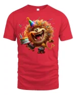Funny Party Lion On Roller Skates Birthday Graphic Tee Tshirt - red t-shirt on white background