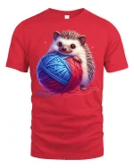Cute Hedgehog Holding Yarn Cozy Craft Graphic Tee Tshirt - red t-shirt on white background