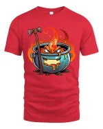 Angry Fire Cauldron Cartoon Fantasy Graphic Tee Tshirt - red t-shirt on white background