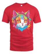 Colorful DJ Cat Wearing Headphones Pop Art Graphic Tee Tshirt - red t-shirt on white background