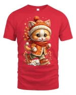 Cute Cozy Winter Cat Walking In Outfit Graphic Tee Tshirt - red t-shirt on white background
