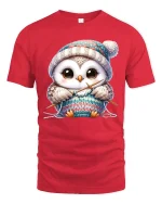 Cute Knitting Owl Wearing Winter Hat Cozy Graphic Tee Tshirt - red t-shirt on white background