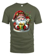 Cute Santa Holding Gift Festive Christmas Graphic Tee Tshirt - military green t-shirt on white background