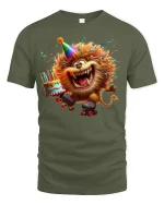 Funny Party Lion On Roller Skates Birthday Graphic Tee Tshirt - military green t-shirt on white background