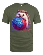 Cute Hedgehog Holding Yarn Cozy Craft Graphic Tee Tshirt - military green t-shirt on white background