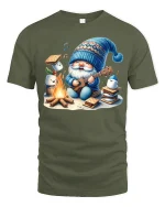 Cute Campfire Gnome Playing Ukulele Cozy Graphic Tee Tshirt - military green t-shirt on white background