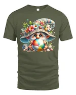 Cute Beach Gnome Holding Colorful Ball Summer Graphic Tee Tshirt - military green t-shirt on white background