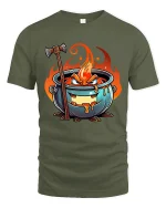 Angry Fire Cauldron Cartoon Fantasy Graphic Tee Tshirt - military green t-shirt on white background