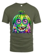 Funny Cute Colorful Monster Face Cartoon Graphic Tee Tshirt - military green t-shirt on white background