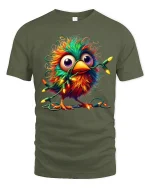 Funny Colorful Bird Tangled In Christmas Lights Graphic Tee Tshirt - military green t-shirt on white background