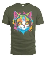 Colorful DJ Cat Wearing Headphones Pop Art Graphic Tee Tshirt - military green t-shirt on white background