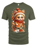 Cute Cozy Winter Cat Walking In Outfit Graphic Tee Tshirt - military green t-shirt on white background